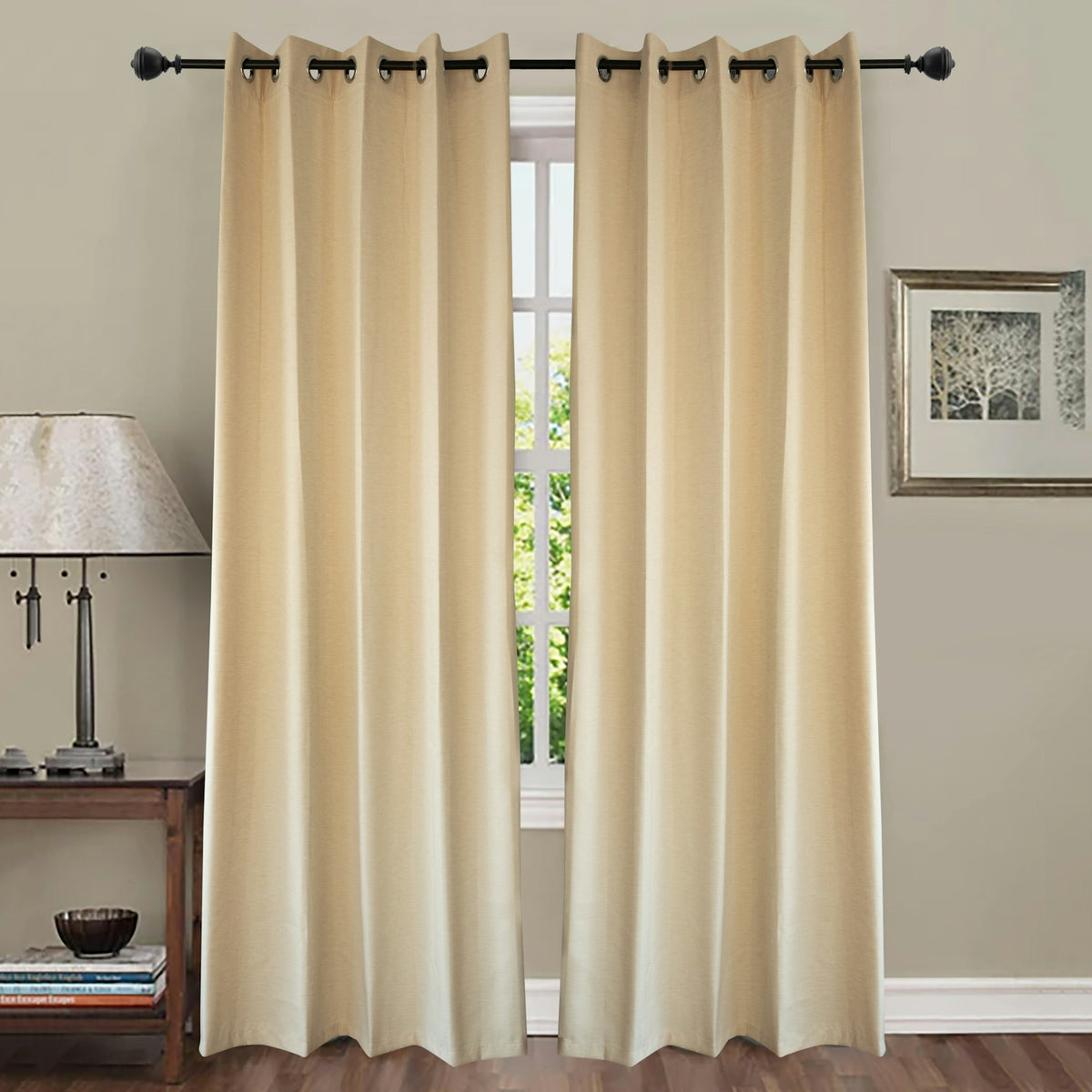 Cream cotton curtains at a window